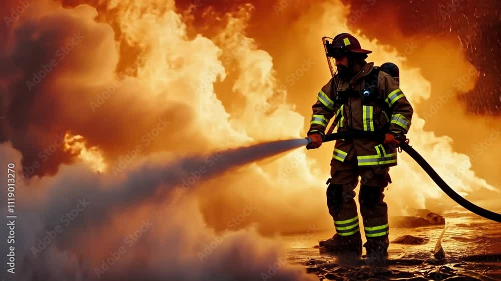 A courageous firefighter sprays water at fierce flames engulfing a building in an urban setting. Thick smoke billows, creating a dramatic atmosphere as darkness falls. A courageous firefighter sprays water at fierce flames engulfing a building in an urban setting. Thick smoke billows, creating a dramatic atmosphere as darkness falls.