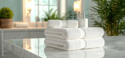 Serene Bathroom Interior with White Towels and Marble Countertop Natural Light