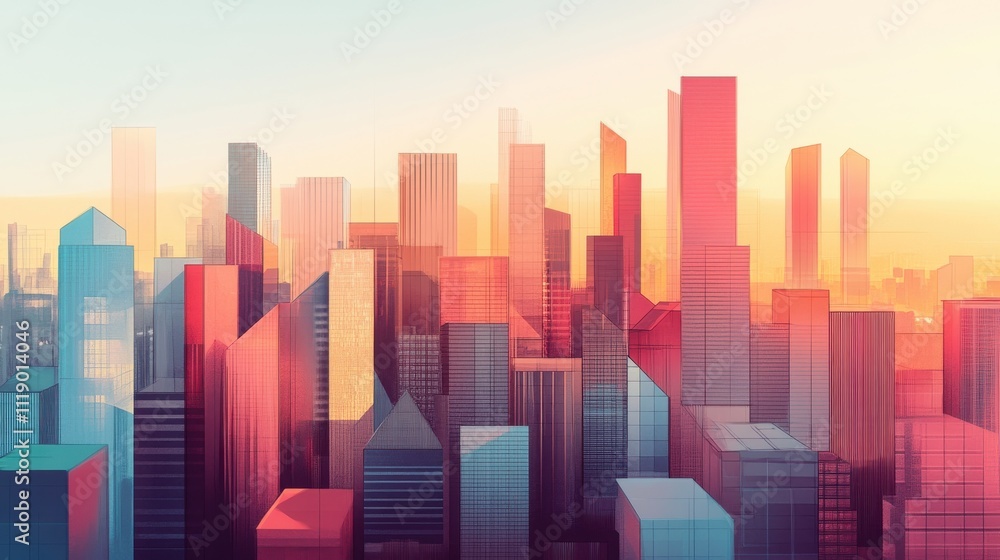 Colorful stylized cityscape at sunrise. Colorful stylized cityscape at sunrise.