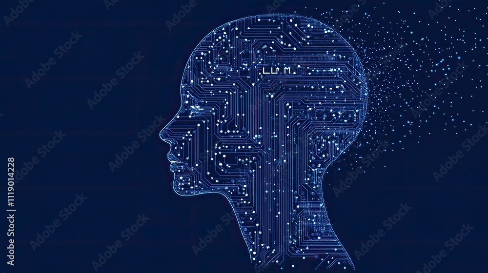 Simple line art of a head silhouette filled with circuit board lines and the text LLM written on it in white against a blue background Simple line art of a head silhouette filled with circuit board lines and the text LLM written on it in white against a blue background