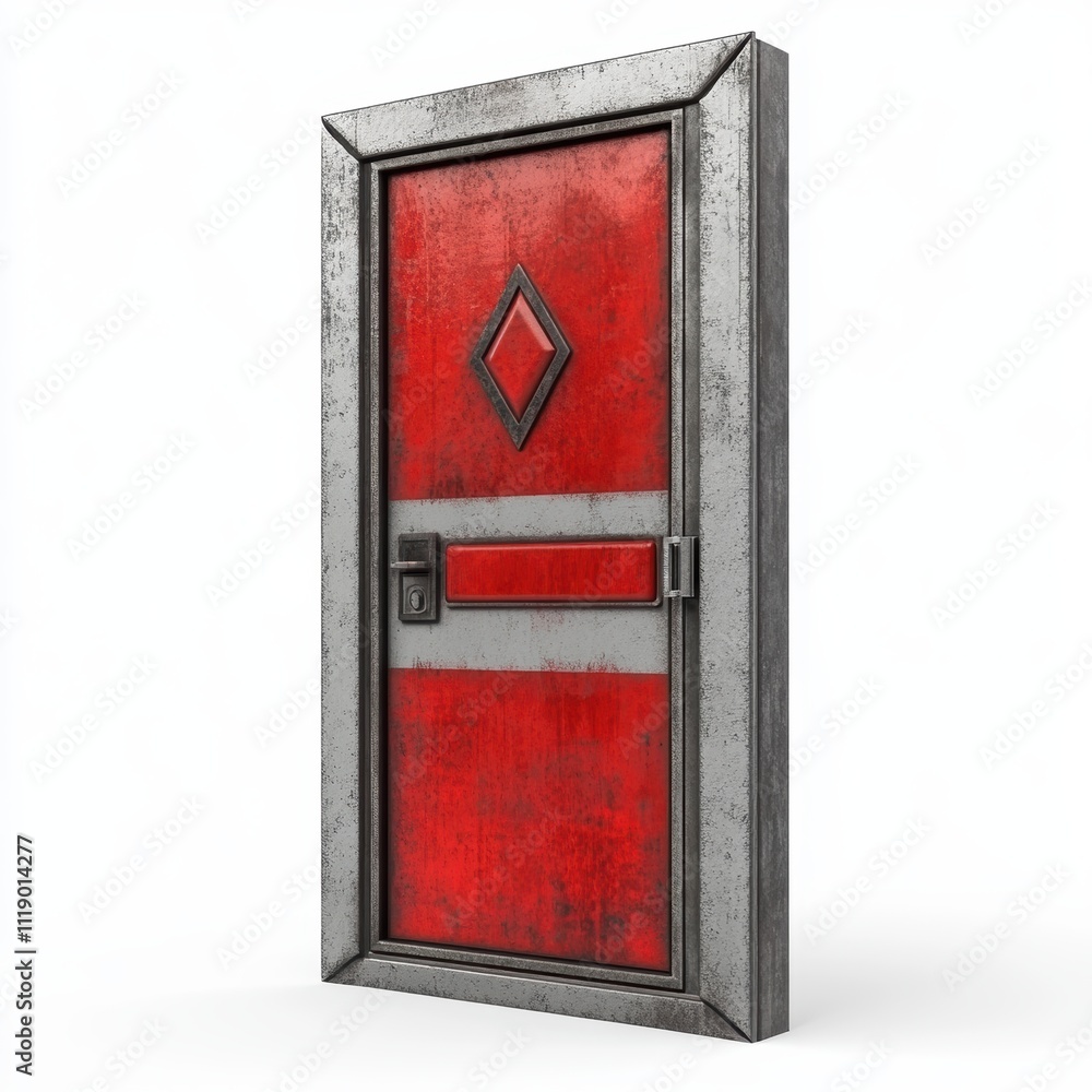 A solid fireproof door with bold red markings, isolated on white background, symbolizing safety and strength, ideal for industrial branding A solid fireproof door with bold red markings, isolated on white background, symbolizing safety and strength, ideal for industrial branding