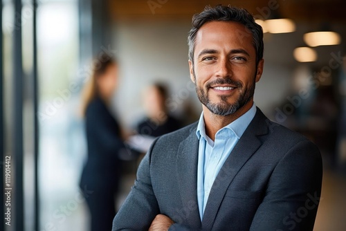 Confident black executive in modern office posing with arms crossed in suit