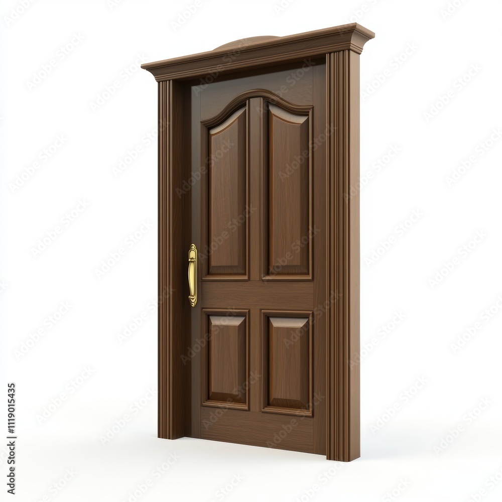 A traditional wooden door with a brass handle, isolated on white background, representing heritage and craftsmanship, perfect for architectural branding A traditional wooden door with a brass handle, isolated on white background, representing heritage and craftsmanship, perfect for architectural branding