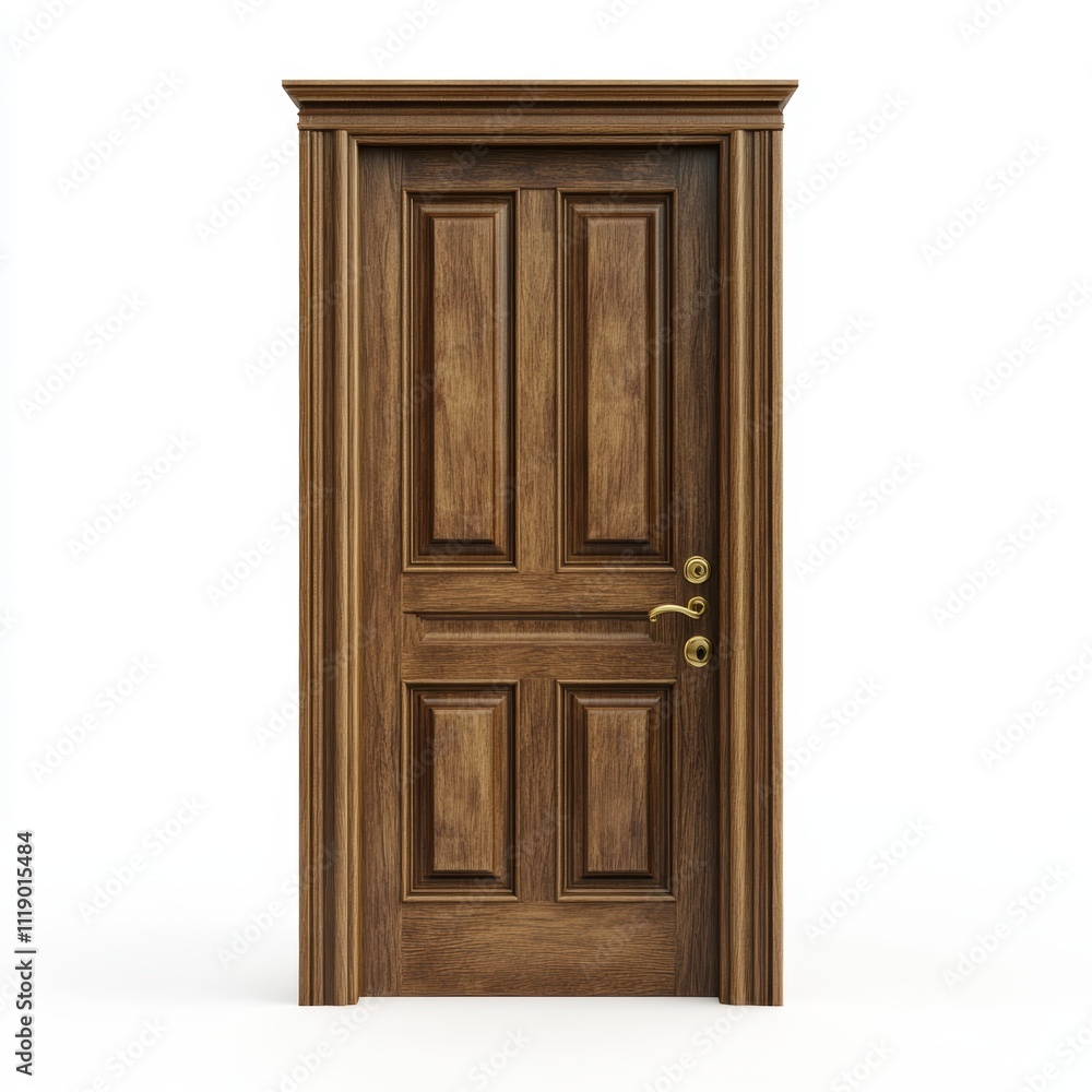 A traditional wooden door with a brass handle, isolated on white background, symbolizing timeless design and functionality, ideal for home improvement campaigns A traditional wooden door with a brass handle, isolated on white background, symbolizing timeless design and functionality, ideal for home improvement campaigns