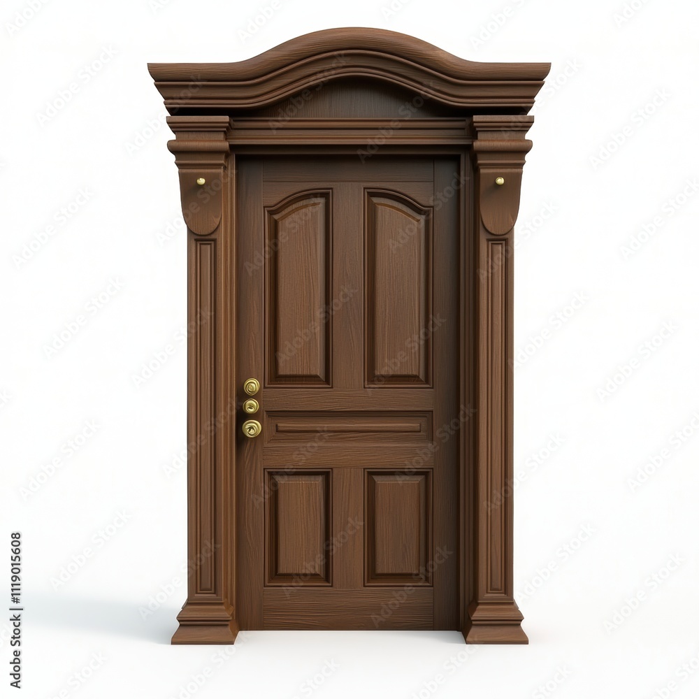 A traditional wooden door with a brass handle, isolated on white background, representing elegance and strength, perfect for decorative branding A traditional wooden door with a brass handle, isolated on white background, representing elegance and strength, perfect for decorative branding
