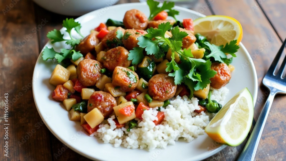 Delicious and Healthy: A Plate of Grilled Shrimp with Mixed Vegetables and Cauliflower Rice Delicious and Healthy: A Plate of Grilled Shrimp with Mixed Vegetables and Cauliflower Rice