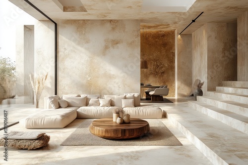 Cozy Minimalist Scandinavian Living Room with Beige Sofa Wooden Coffee Table and Modern Armchairs