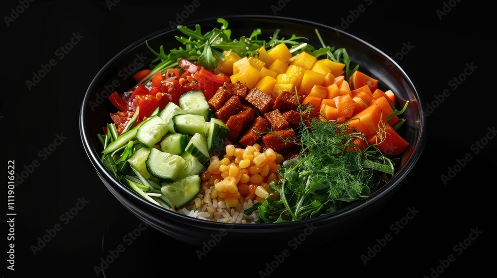 Colorful healthy vegan bowl with rice, tofu, mango, cucumber, and tomatoes. Colorful healthy vegan bowl with rice, tofu, mango, cucumber, and tomatoes.