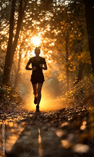 A silhouette of a runner on a sunlit path through a forest, capturing a moment of exercise.
