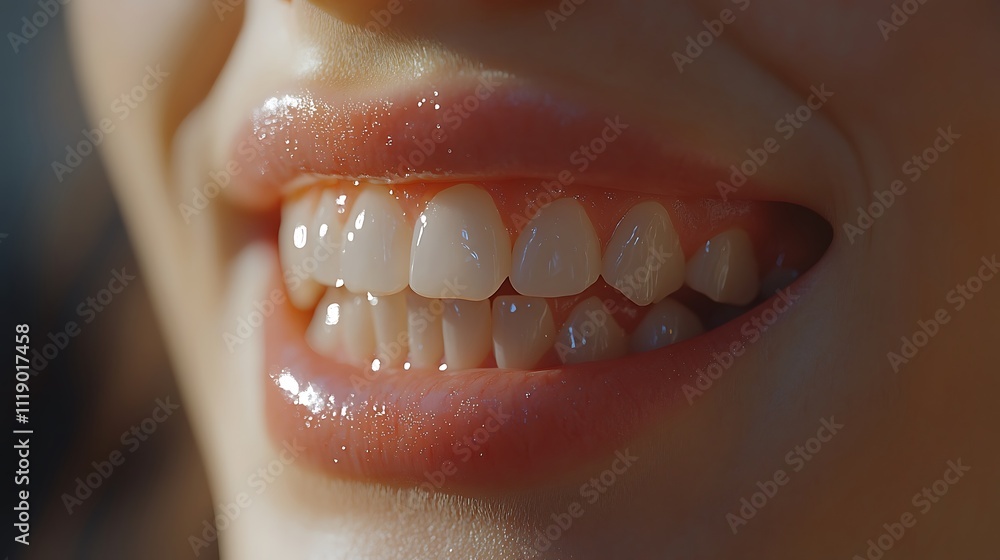 Fototapeta premium Close-up of a woman's healthy, bright smile showing even, white teeth and pink lips.