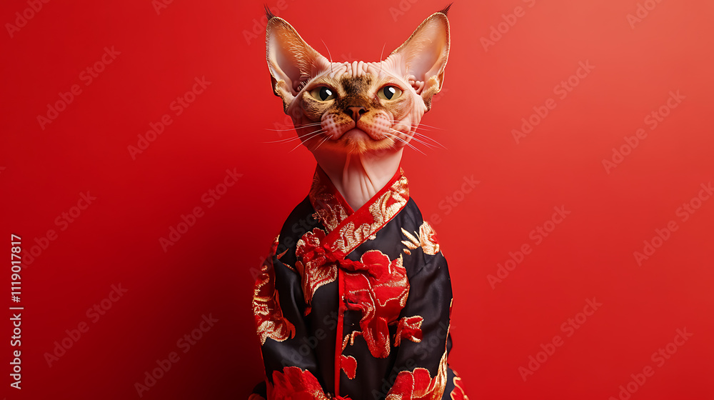 Cultural thematic event celebrating pets a chinese cat in traditional attire vibrant red background artistic portrait Cultural thematic event celebrating pets a chinese cat in traditional attire vibrant red background artistic portrait