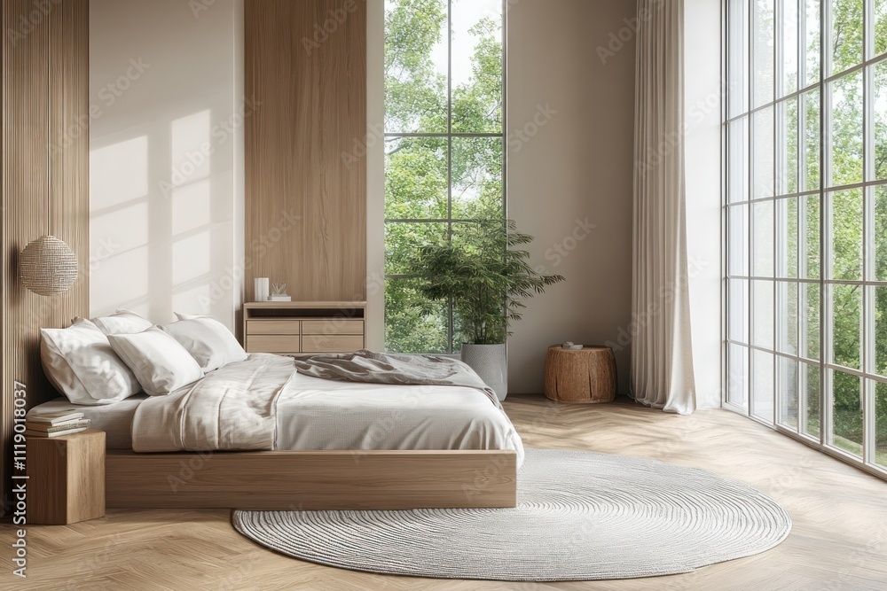Serene Scandinavian Bedroom with Large Windows and Minimalist Decor Serene Scandinavian Bedroom with Large Windows and Minimalist Decor
