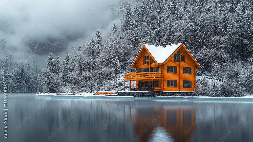 Obraz premium A tranquil wooden cabin rests on a snowy cliff, surrounded by pristine frozen wilderness. The scene evokes solitude, peace, and the harmony of human habitation with untouched nature