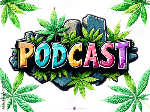 Creative podcast logo featuring colorful lettering and vibrant cannabis leaves designed for an engaging atmosphere and appeal