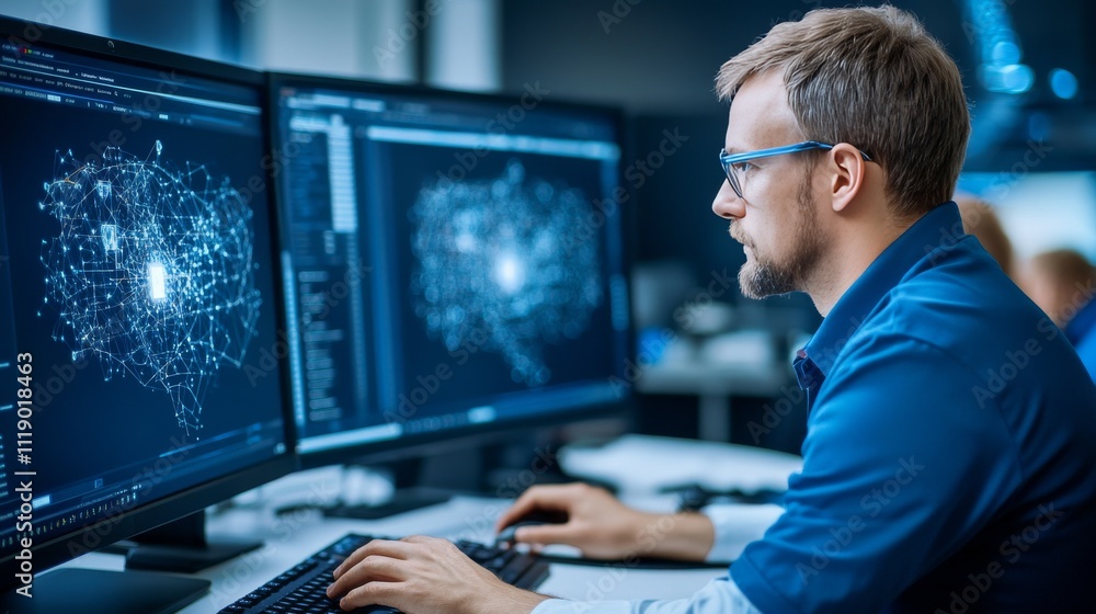Focused Male Working on Computer Analyzing Network Data Visualizations Focused Male Working on Computer Analyzing Network Data Visualizations
