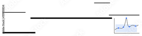 Horizontal black bars with an inset blue line graph. Ideal for data analysis, business growth, strategy, financial trends, digital marketing, market research, performance tracking. Line metaphor