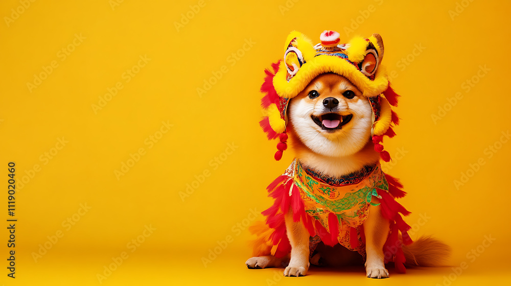 Cultural celebration featuring a pet dog in chinese costume indoor setting thematic content festive environment joyful viewpoint Cultural celebration featuring a pet dog in chinese costume indoor setting thematic content festive environment joyful viewpoint