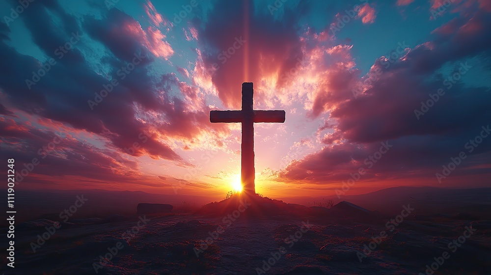 The cross of Jesus Christ is dramatically silhouetted against a sky filled with clouds and rays of light, symbolizing hope, redemption, and the triumph of faith The cross of Jesus Christ is dramatically silhouetted against a sky filled with clouds and rays of light, symbolizing hope, redemption, and the triumph of faith