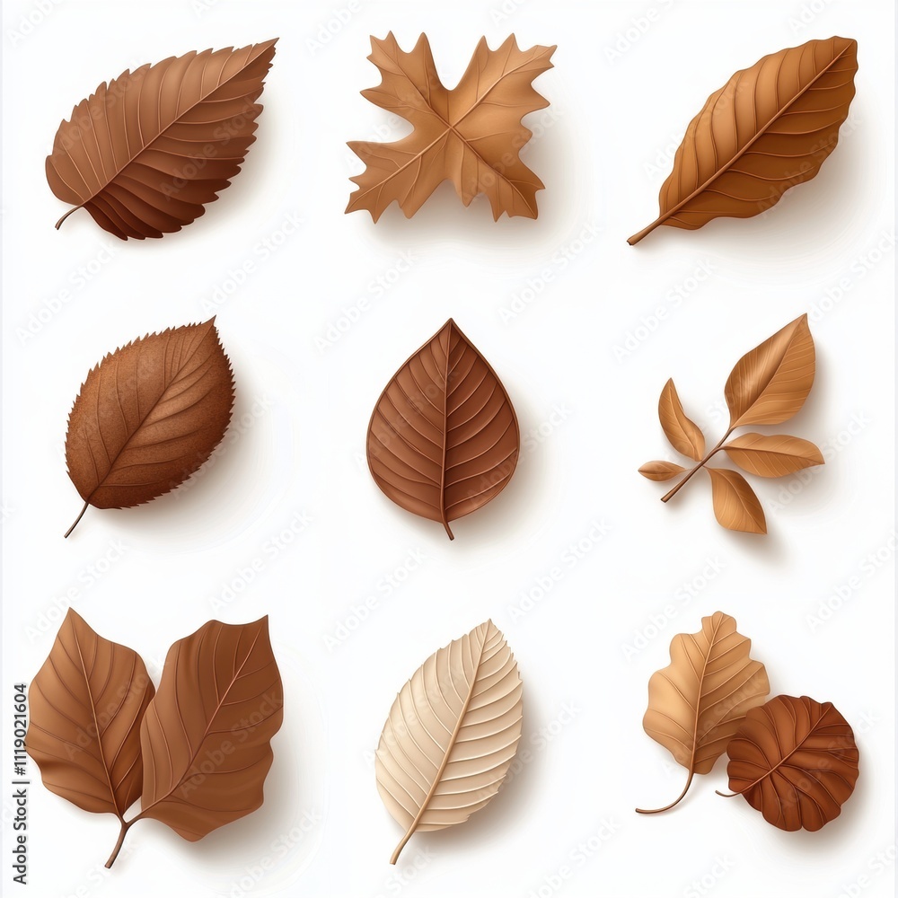 A collection of dried brown leaves, isolated on white background, representing autumnal elegance, perfect for seasonal visuals A collection of dried brown leaves, isolated on white background, representing autumnal elegance, perfect for seasonal visuals