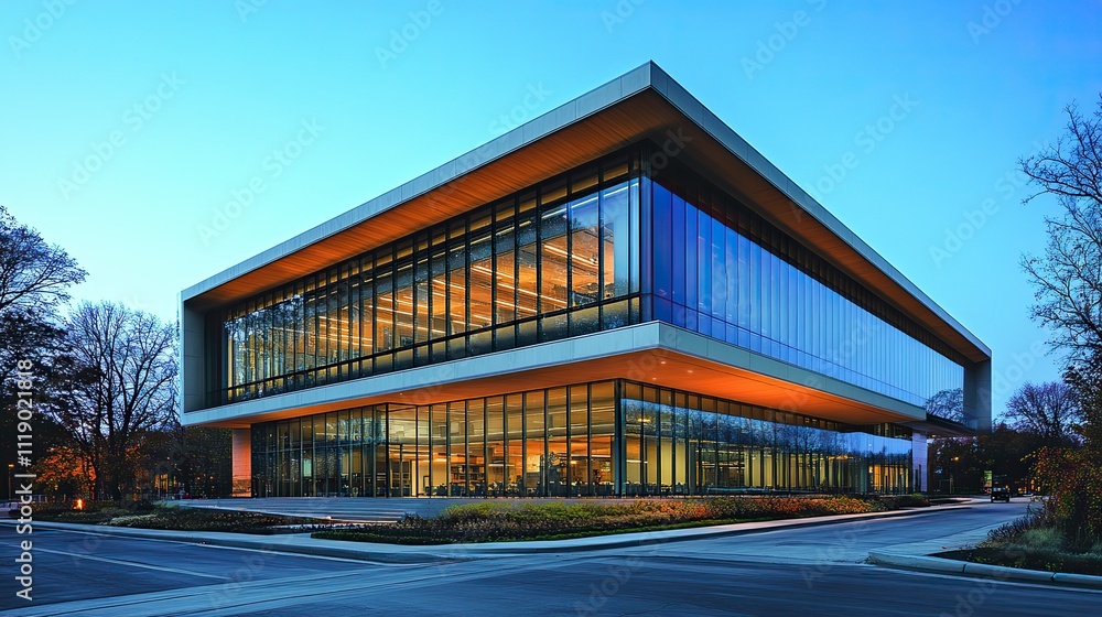 The exterior of a modern office building with large glass windows, viewed from the street The exterior of a modern office building with large glass windows, viewed from the street