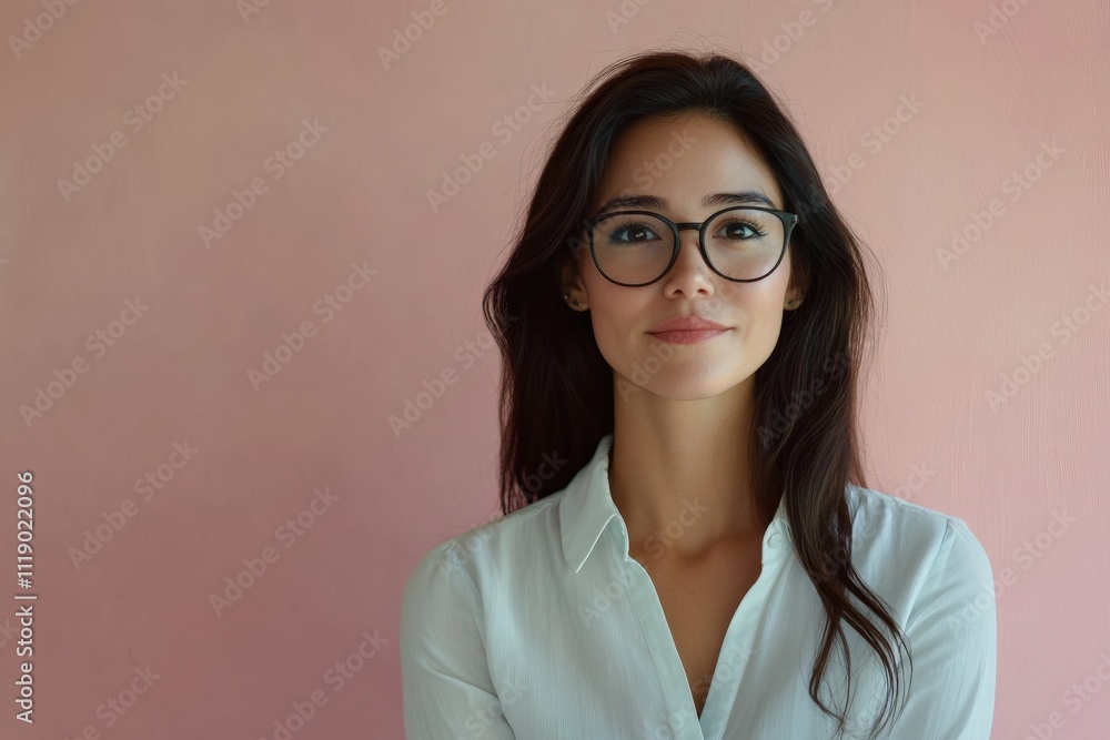 Confident Young Woman with Glasses Posing Against a Soft Pink Background Confident Young Woman with Glasses Posing Against a Soft Pink Background