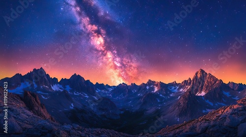 The Milky Way galaxy stretches across the night sky above rugged mountain peaks