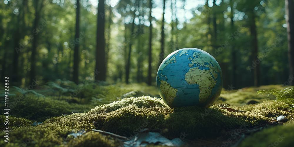 Earth Globe on Moss in Lush Forest Earth Globe on Moss in Lush Forest