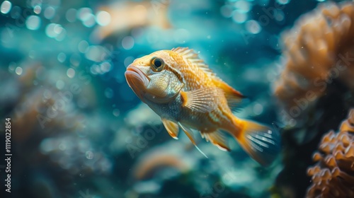 A vibrant fish gracefully swims in blue water, surrounded by a bokeh background in an underwater.
