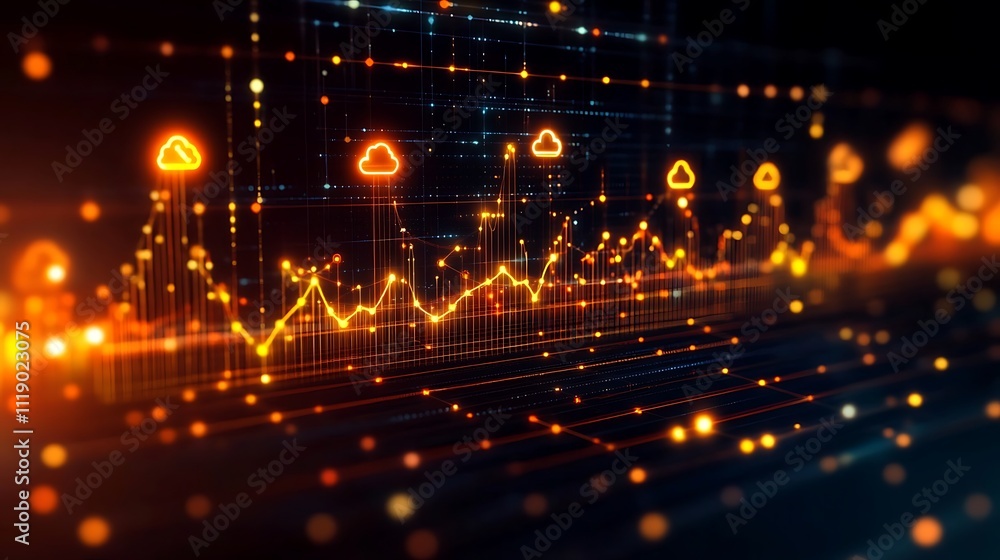 Fototapeta premium Abstract glowing graph showing data growth and cloud computing.