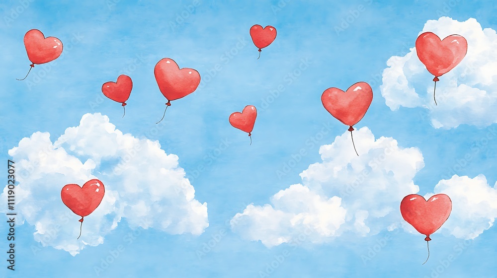 Heart-Shaped Balloons Floating Among Soft Clouds on a Bright Blue Background Heart-Shaped Balloons Floating Among Soft Clouds on a Bright Blue Background
