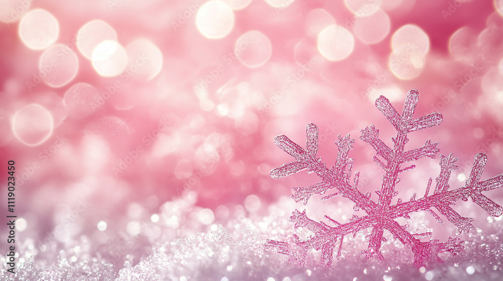 Delicate snowflakes falling gracefully within a pink frame symbolizing purity tranquility and winter's charm a banner design blending serene snowfall with a vibrant contemporary aesthetic