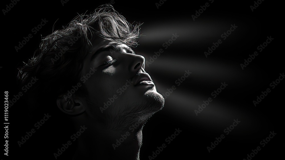 The silhouette of a man's head and shoulders backlit against a black background, creating a dramatic shadow play The silhouette of a man's head and shoulders backlit against a black background, creating a dramatic shadow play