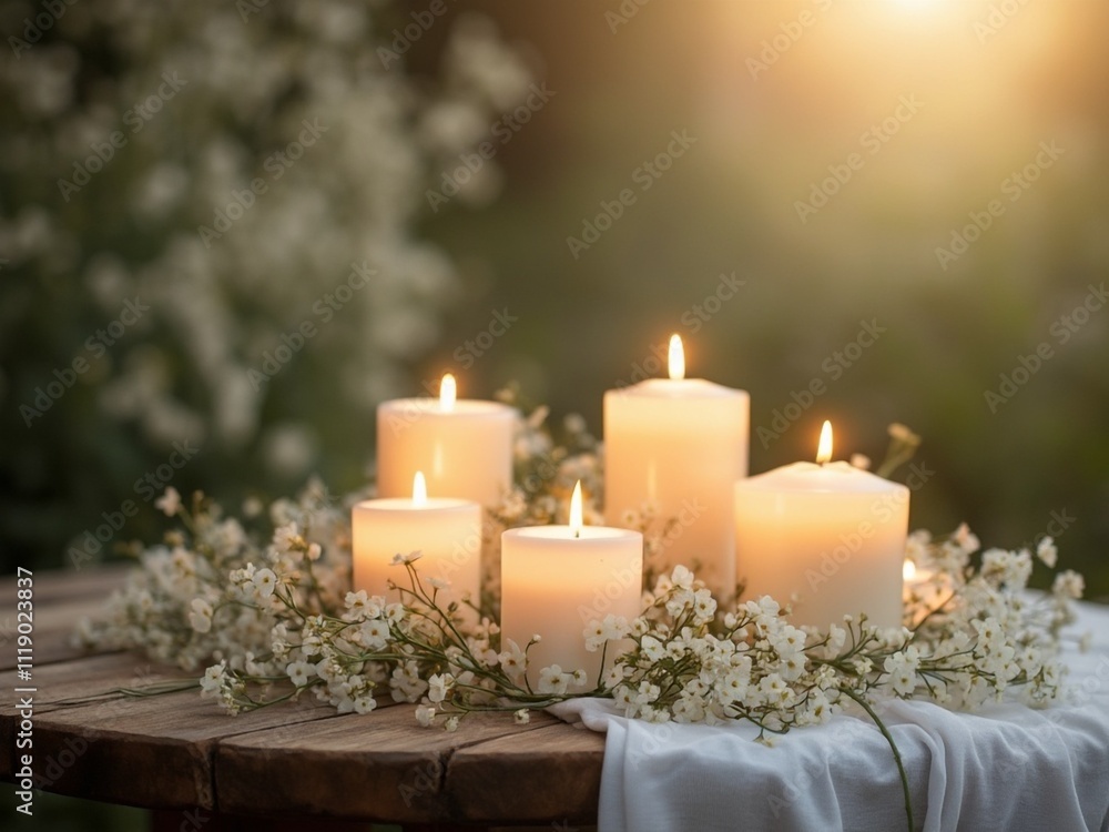 Candles on wooden table, surrounded by delicate white flowers, glowing sunset in the background. Candles on wooden table, surrounded by delicate white flowers, glowing sunset in the background.