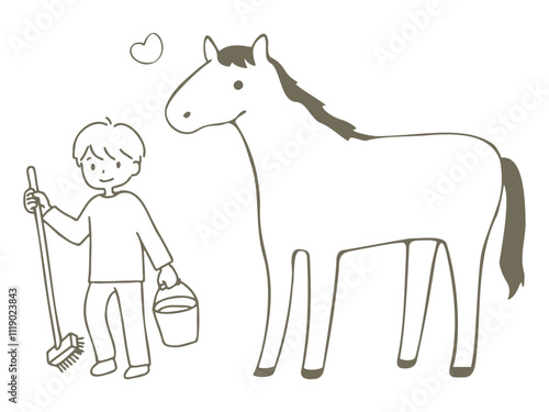 馬の世話をする人の手書き線画イラスト
