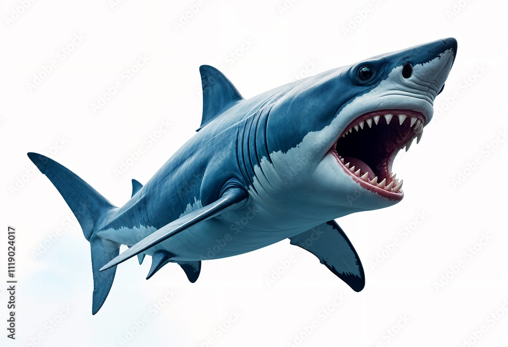 A large shark is attacking, its entire body visible on a white background.