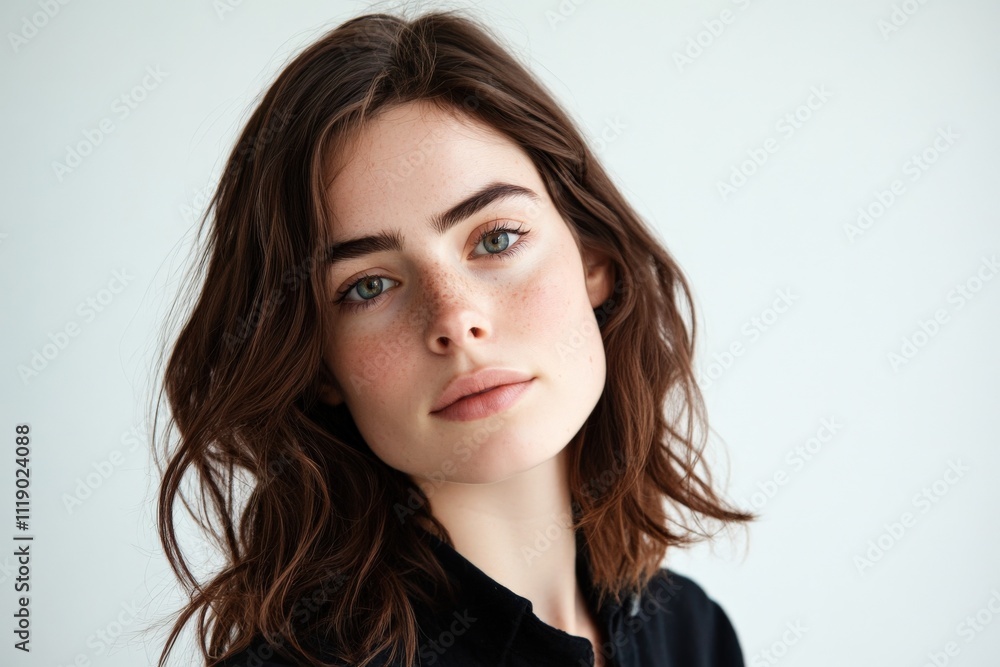 Fototapeta premium Natural Beauty Portrait of a Young Woman with Freckles and Wavy Hair