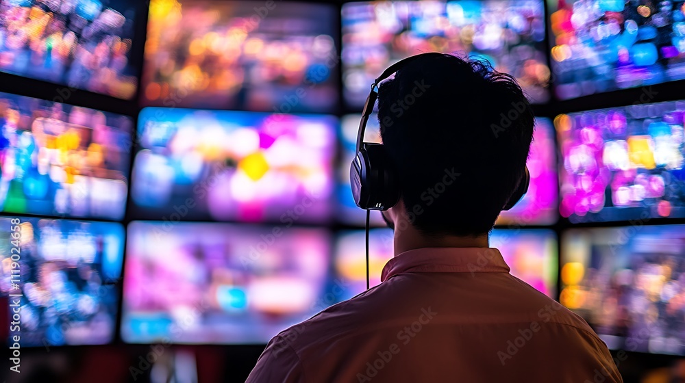 Obraz premium Person Listening To Audio With Many Screens
