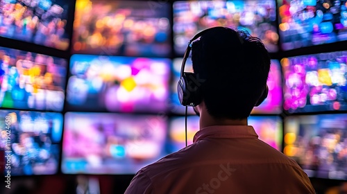 Person Listening To Audio With Many Screens