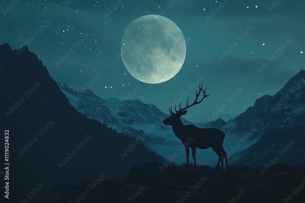 Majestic Deer Stands Silhouetted Against Moonlit Mountains Under Starry Night Sky, Nature's Serene Beauty Majestic Deer Stands Silhouetted Against Moonlit Mountains Under Starry Night Sky, Nature's Serene Beauty