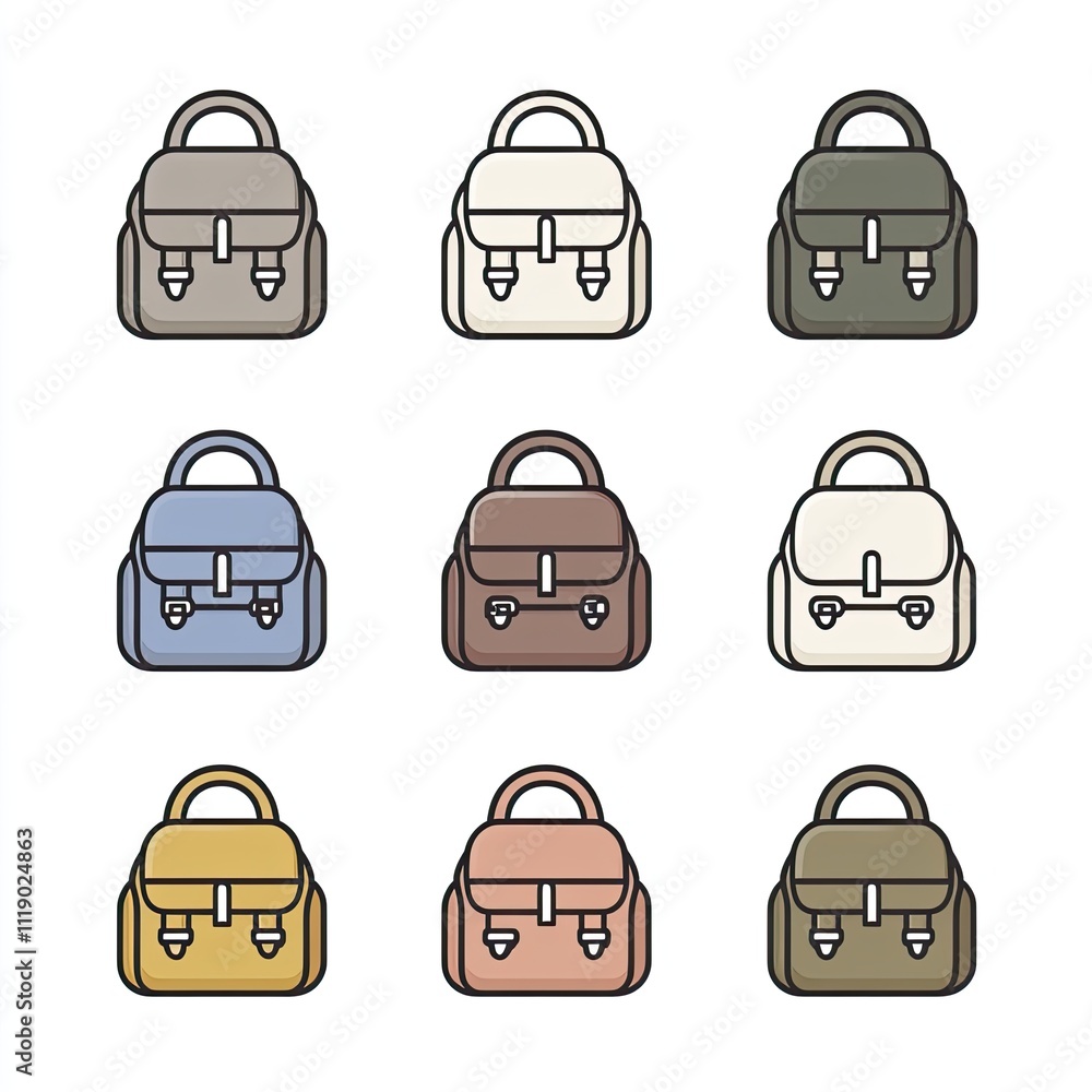 Nine Variations of a Small, Classic-Style Carry Bag in Different Colors Nine Variations of a Small, Classic-Style Carry Bag in Different Colors