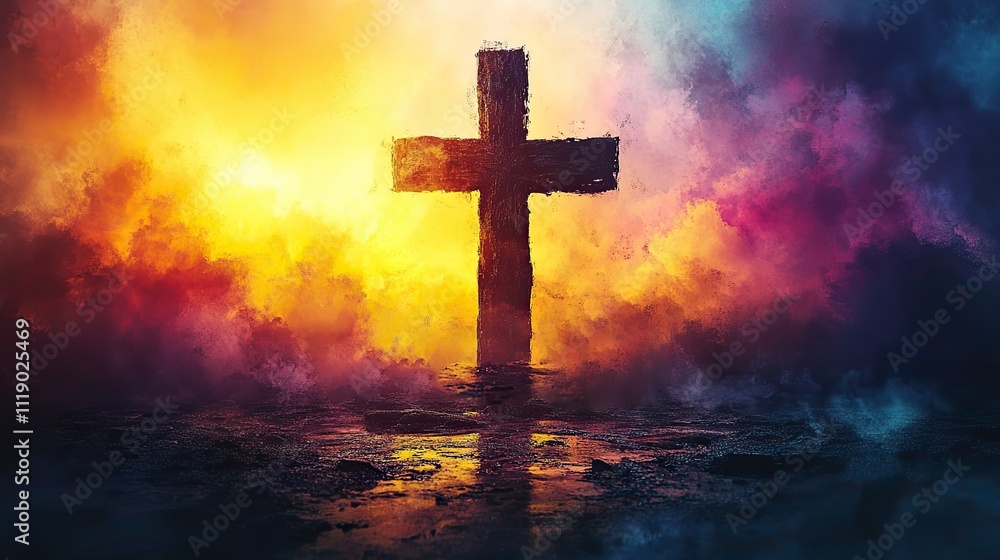 The word Worship written in white calligraphy with a cross in the background, using yellow and purple tones The word Worship written in white calligraphy with a cross in the background, using yellow and purple tones