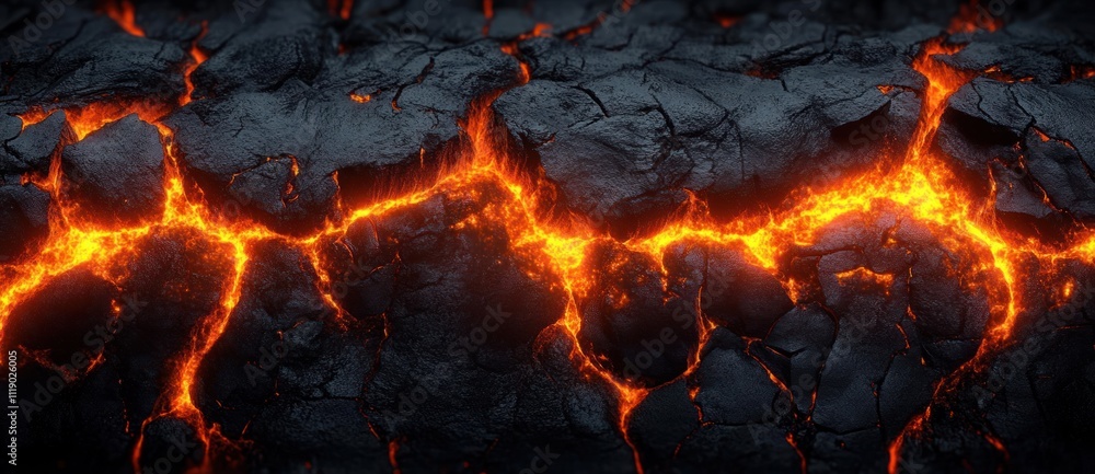 Molten Lava Flowing Through Cracked Black Rock Dramatic Landscape of Apocalypse Fire and Hellish Terrain Molten Lava Flowing Through Cracked Black Rock Dramatic Landscape of Apocalypse Fire and Hellish Terrain