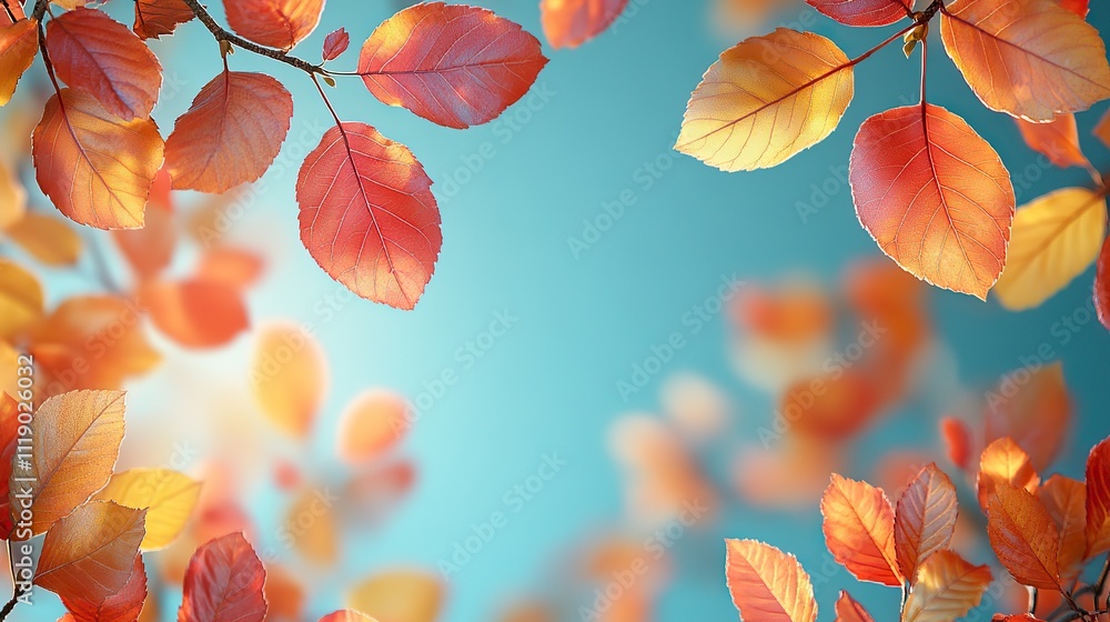 This autumn background features colorful leaves against a turquoise sky, creating a banner design with an autumn concept. The autumn leaves frame border creates a fall season nature background This autumn background features colorful leaves against a turquoise sky, creating a banner design with an autumn concept. The autumn leaves frame border creates a fall season nature background