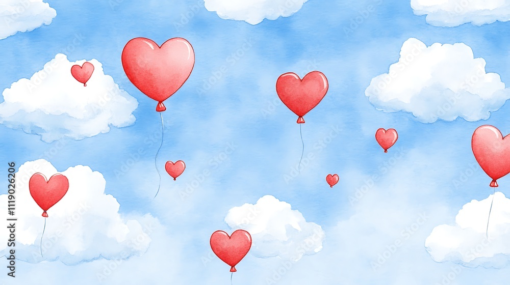 Heart-Shaped Balloons Floating Among Soft Clouds on a Bright Blue Background Heart-Shaped Balloons Floating Among Soft Clouds on a Bright Blue Background