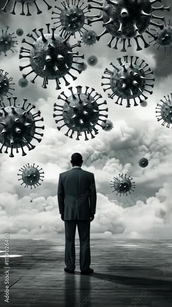 Man in suit gazes at floating virus particles in a surreal cloud-filled landscape Man in suit gazes at floating virus particles in a surreal cloud-filled landscape