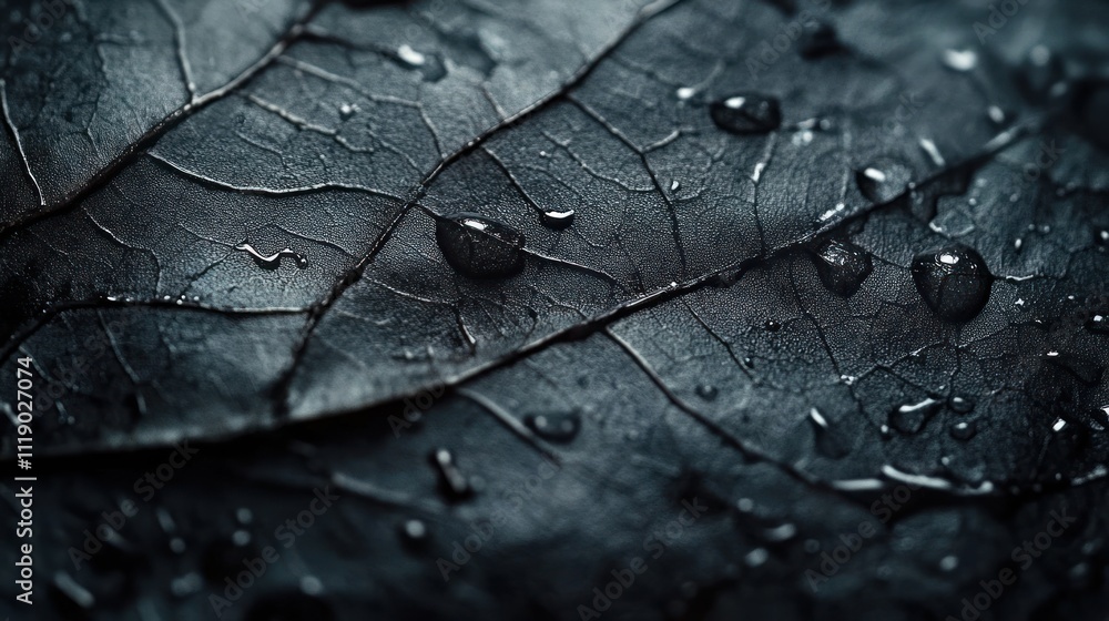 Fototapeta premium Here's a caption and keywords for your stock photo.. Close-up of dark leaf with water droplets, showcasing texture and veins.
