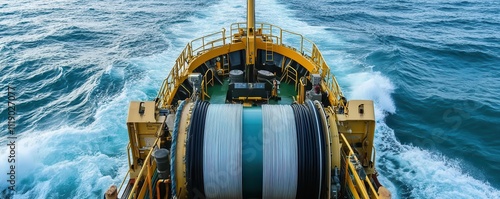 Close-up of a submarine fiberoptic cable being laid by a specialized ship, ocean waves crashing nearby, submarine fiberoptic cable, marine engineering