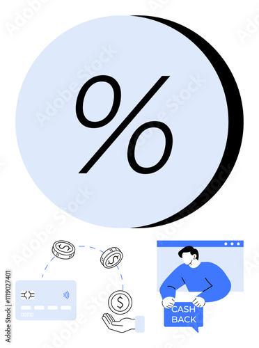 Large percentage symbol, arrows connecting credit card and hand with coins, person holding Cash Back sign. Ideal for finance, banking, advertising, web, v07 design, e-commerce, marketing customer photo