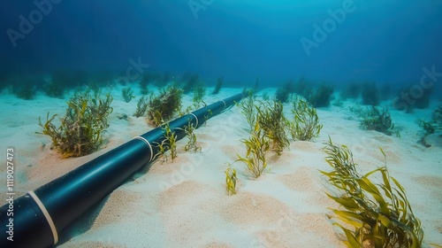 Fiberoptic cables resting on the seafloor, surrounded by sand and marine plants, emphasizing technology and nature, submarine fiberoptic cable, ocean technology