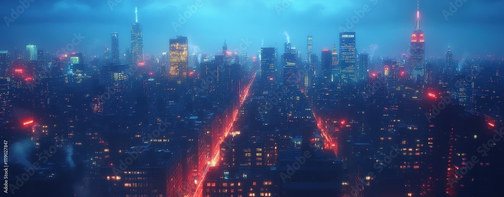 A stunning aerial view of a vibrant city skyline at night, illuminated by countless lights. The image evokes a feeling of urban energy and mystery. A stunning aerial view of a vibrant city skyline at night, illuminated by countless lights. The image evokes a feeling of urban energy and mystery.